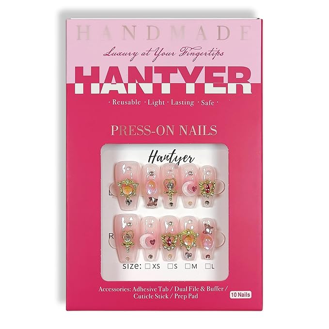 Y2K Press on Nails with Tools Kit, Medium Long Coffin Glossy Nails, Fake Nails in Pastel Pink, False Nails with 3D Moon Charms, Kawaii Style for Anime Parties & Special Events(Size M)
