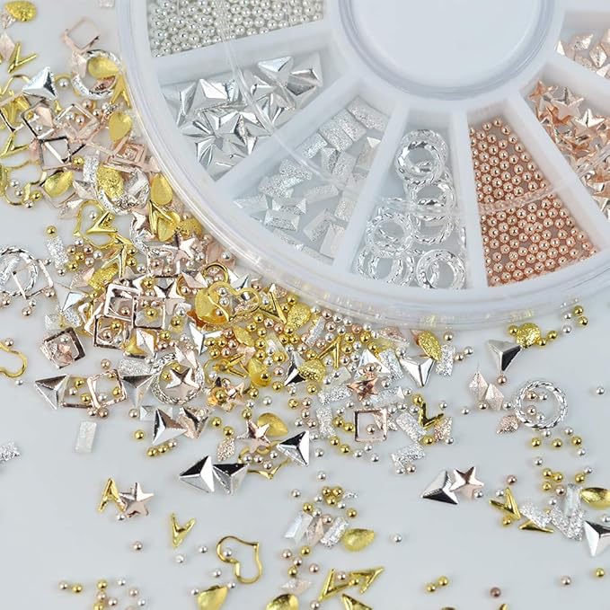 Nail Studs 3D Nail Charms Decals for Women,6 Box Metal Mixed Shaped Nails Art Rhinestones Jewelry Caviar Beads Decorations With Tweezers Supply Kit Gold Silver Rose Gold