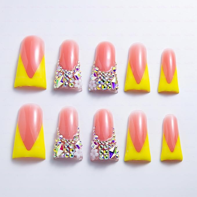 10 Pieces Luxury Acrylic Press On Nails Long Handmade Duck Nails, Yellow Thickened False French Nails, With Bling Rhinestones & Y2K Princess Vibes, Reusable Acrylic Nails (L)