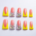 10 Pieces Luxury Acrylic Press On Nails Long Handmade Duck Nails, Yellow Thickened False French Nails, With Bling Rhinestones & Y2K Princess Vibes, Reusable Acrylic Nails (S)