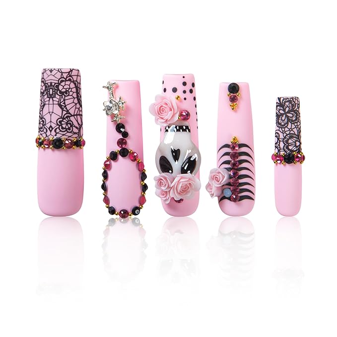 Lovful Halloween Press On Nails with Skeleton | Mid Length Handmade Acrylic Press ons | Reusable Stick on Nails | Square Mid length 1.7in | H660-S
