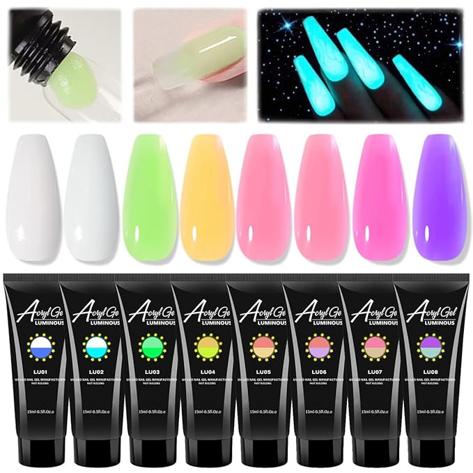 8 Colors Polygel Nail Luminous Poly Gel Nail Kit, Nail Extension Poly Gel Glow In The Dark Builder Gel for Nails Art Professional Neon Manicure Polygel Nail for Women DIY