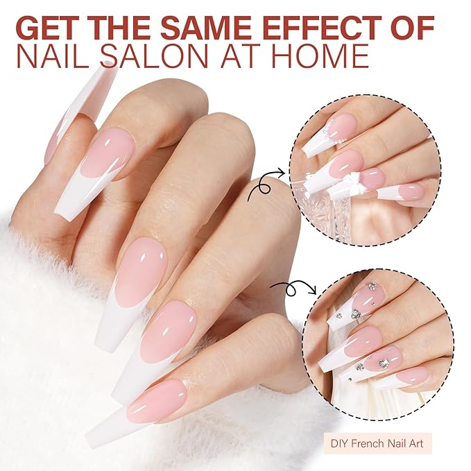 AILLSA French Gel Nail Tips, 180 Pcs French Tip Press On Nails Long Coffin Pink, Pre-Applied Primer & Base Coat, No Need File, Soft Nail Tips, Fake Nails for Nail Art DIY 15 Sizes