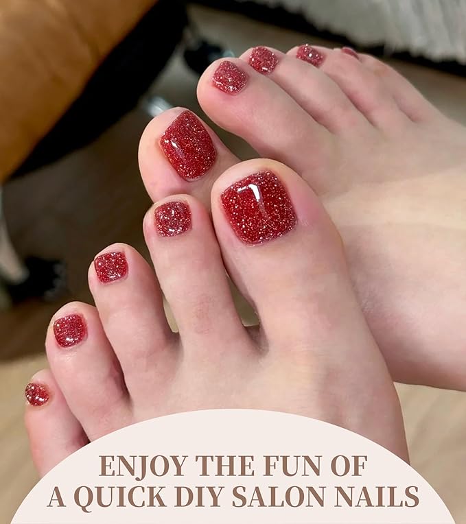 Toe Gel Nail Stickers - 34PCS Salon Quality Wraps no UV Light Needed - Long Lasting Toe Nail Polish Strips for Women (Rose Red)