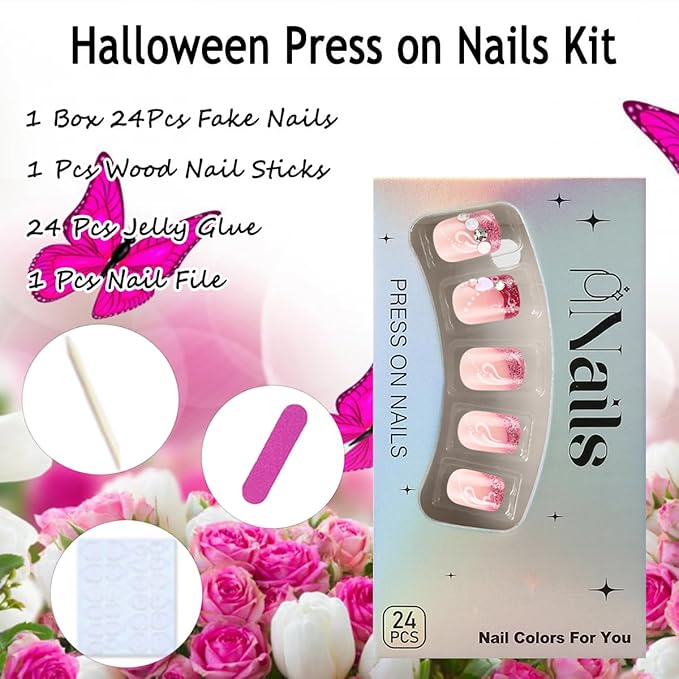 Valentines Nails Short Press on Nails French Tip Glitter Pink Fake Nails with Heart Rhinestone Designs Valentine's Day Glue on Nails Heart False Nails Petite Acrylic Stick on Nails for Women 24Pcs