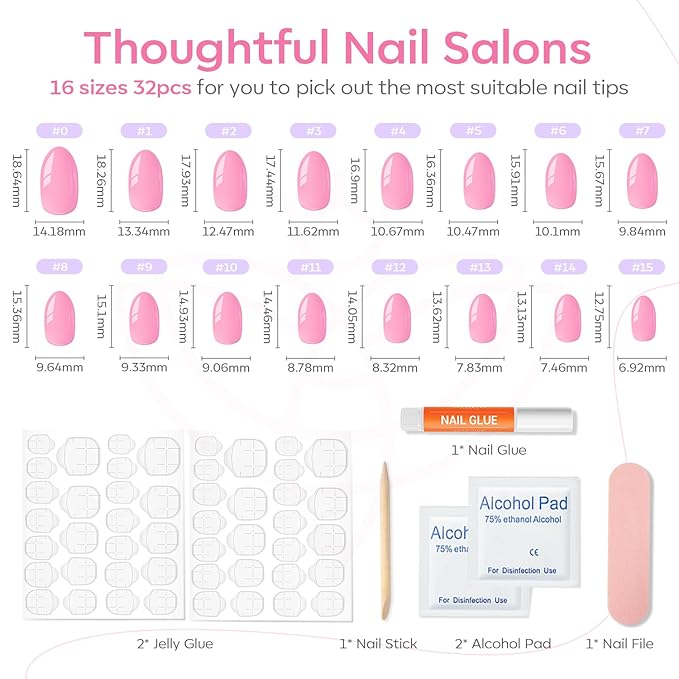 modelones Short Press on Nails, Oval Fake Nails Kit Press Ons with Nail Glue, Adhesive Tabs, Nail File, Prep Pad, Manicure Stick, Pink, 32Pcs 16 Sizes, Spring Women Girl Gift