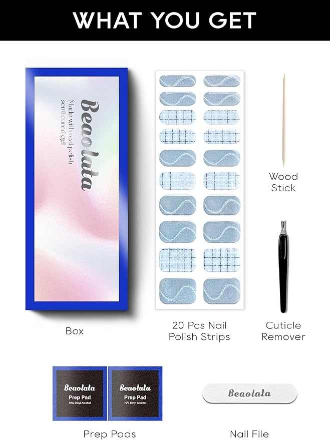 Semi Cured Gel Nail Strips - UV Light Gel Nail Stickers - 20 Long Lasting Salon Quality Wraps (Baby Breath Blue)