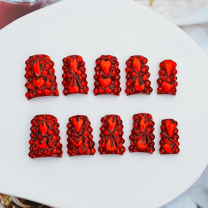 Red Chrome Press on Nails Short Duck, Full Rhinestones Red Heart Fake Nails 3D Luxury Acrylic Duck Nails Thickened False Nails (Crimson Glimmer Enchant,S)
