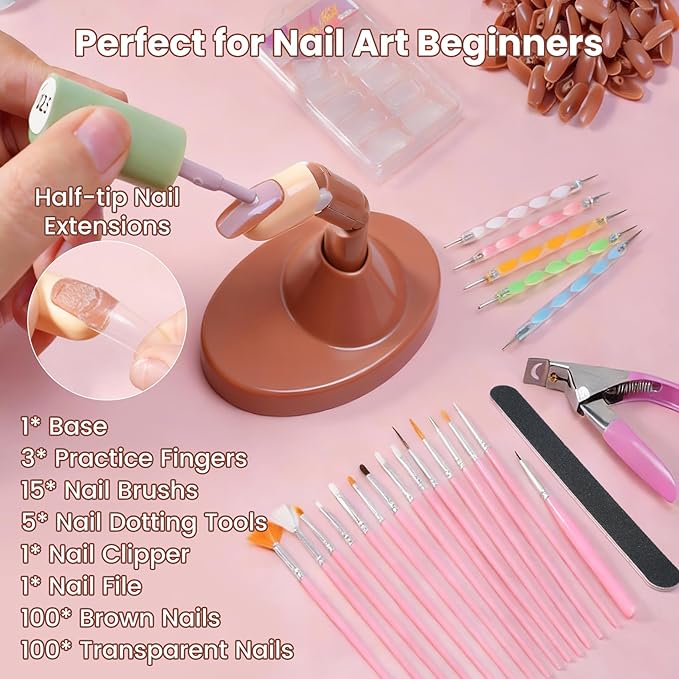Practice Fingers Kit, 3PCS Nail Practice Hand Finger for Acrylic Nails, 22PCS Nail Art Tools, with 200PCS Nail Tips and Base Stand, Practice Hand for Acrylic Nails Home Salon DIY Beginner (Brown)
