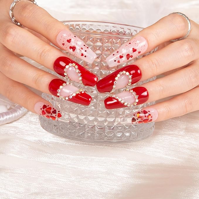 LOVFUL Press on Nails Love Day Exclusive | Handmade with Full Covered Crystals | Reusable Full Cover Nails | Coffin Classic Regular 1.3 in | H154-L