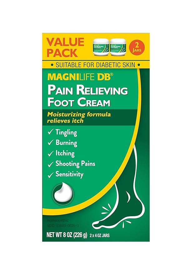 MagniLife DB Pain Relieving Foot Cream, Calming Relief for Burning, Tingling, Shooting & Stabbing Foot Pain, Moisturizing Foot Cream Suitable for Diabetic and Sensitive Skin - 2 Packs of 4 oz Jars