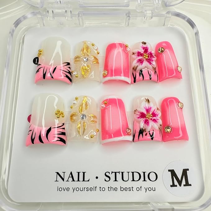 Handmade Press on Nails Short Duck Press on Nails with 3D Pearl and French Designs Stick on Nails Gradient Flower Acrylic Nails for Women Art Manicure (Size S）