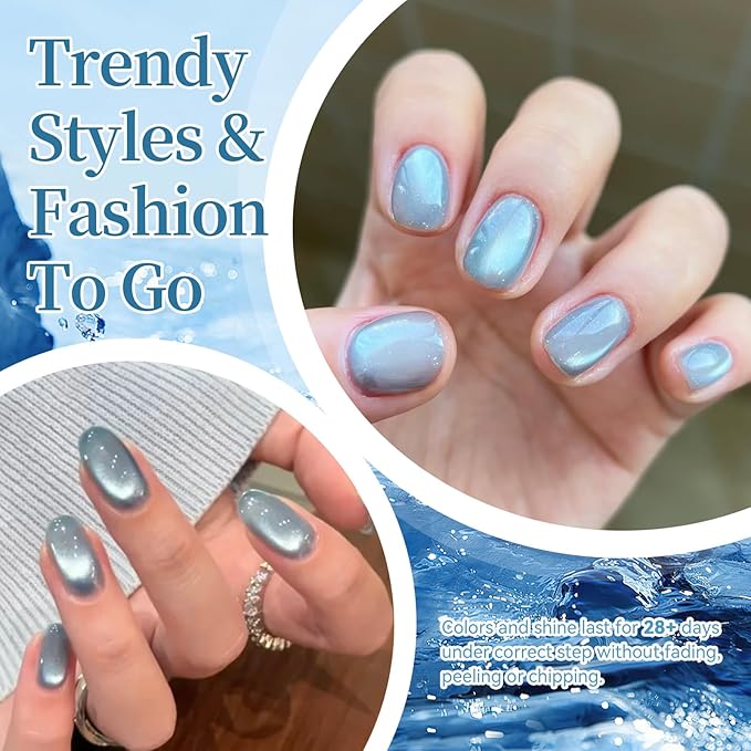 Born Pretty Blue Cat Magnetic Eye Gel Nail Polish Set,6 Colors Spring Summer Blue Shimmer Glitter Crystal Glass Magnetic Gel Polish Soak Off U V Nail Gels DIY Art for Women 7ML
