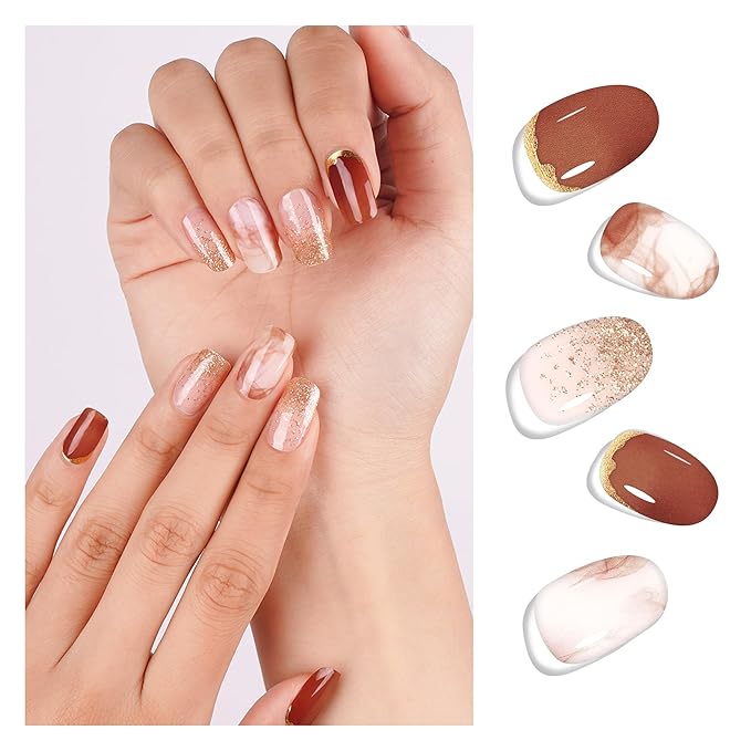 DANNI & TONI Semi Cured Gel Nail Strips Marble (Desert Rose) Gold Glitter Gel Nail Stickers Ombre 28 Stickers