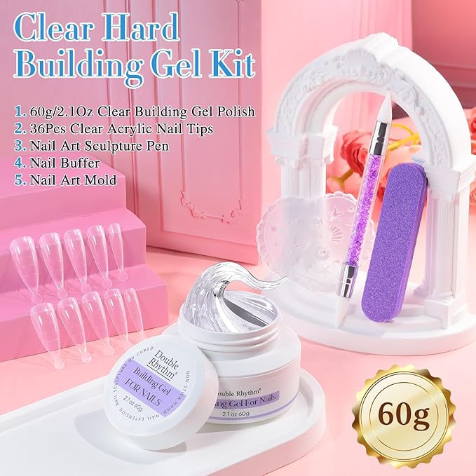 Double Rhythm 2.1 Oz Solid Sculpting Gel for Nail Art Non-Sticky 60g 3D Clear Hard Gel for Building, Carving, Molding Extension with Sculpting Pen and Mould (Clear)