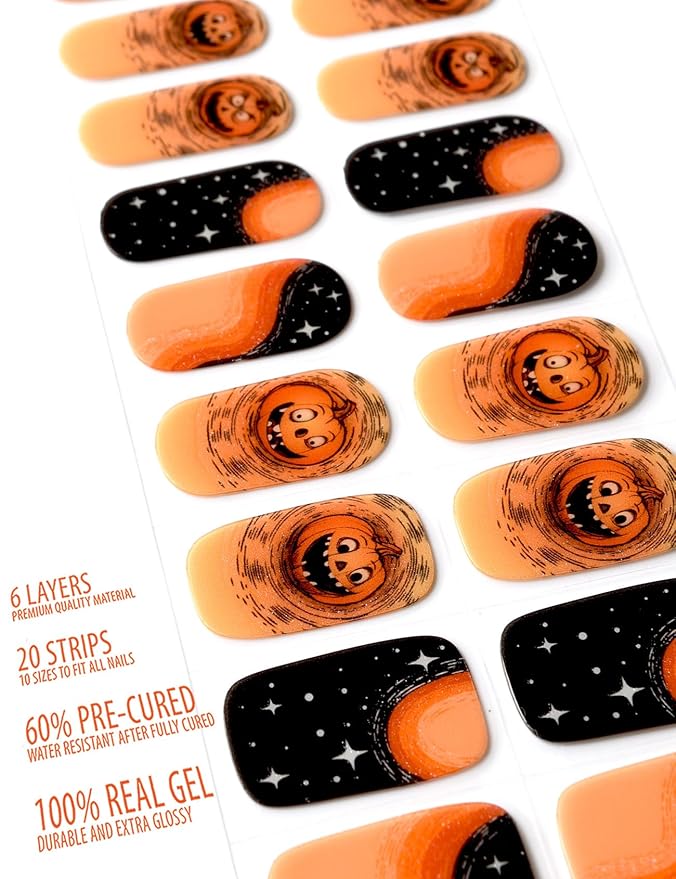 Semi Cured Gel Nail Strips, 20 pcs Nail Wraps, Glaze Stickers, Salon Quality French Manicure, Full Decal Gel Polish Strips, Long Lasting SCG, Easy on, UV Required (Wicked Pumpkin)