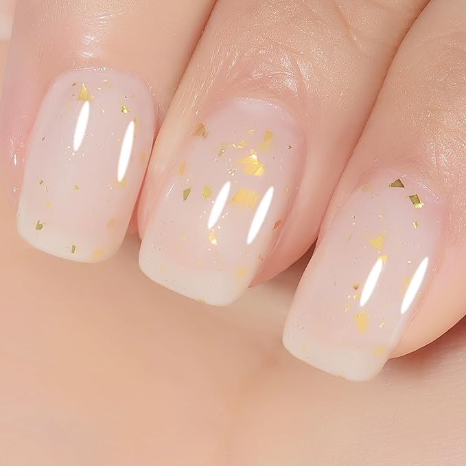YTD Likomey Nude Gel Nail Polish,15ml Milky White Gold Foil Translucent Neutral Jelly Sheer Gold Flakes Glitter Salon Home DIY Nails Art Manicure UV Nail Gel Varnish,LS10