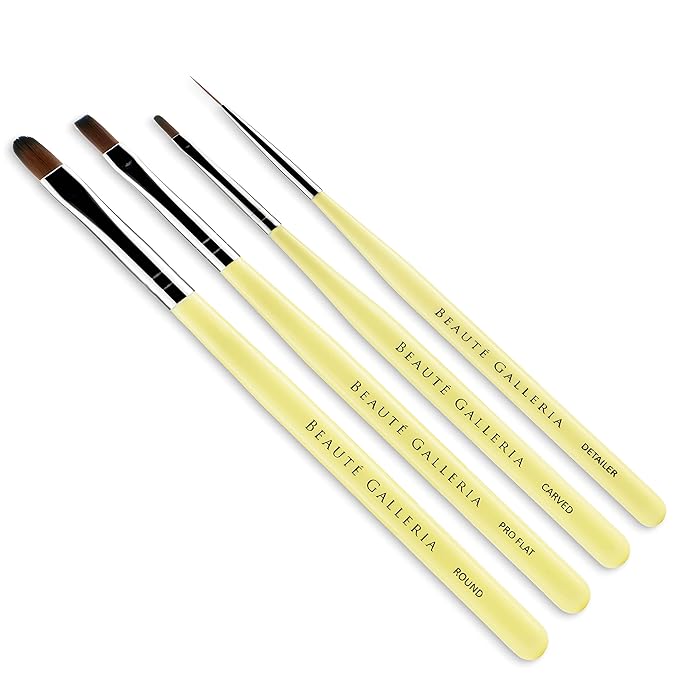 Beaute Galleria 4-Piece UV Gel Nail Art Brush Set - Pro Flat, Carved, Detailer, Round for Fine Line, Detailer, Outline, Striping, Polygel Nails, Gel Sculpting, Nail Tips