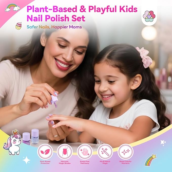 SAVILAND Glamkids Kids Nail Polish Set: Plant-Based 12 Colors Toddler Nail Polish Toxic-Free Peel-Off Kids Fingernail Polish with Nail Art Stickers Decals for Christmas Birthday Gifts Girls Ages 5-12