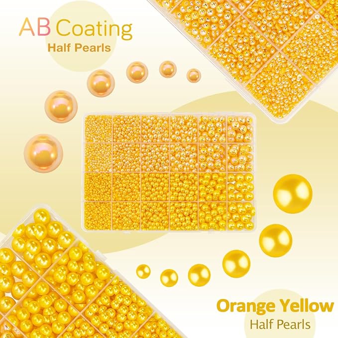 2 Styles Orange Yellow Flatback Pearls for Bedazzling Crafting 3-10mm Half Round Pearls Beads Gems Bedazzler Kit Charms for Nails Face Eyes Makeup Tumblers Bottles DIY Crafts Shoes Beauty Decor