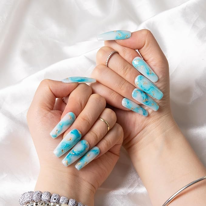LOVFUL Press on Nails Blue Bay Wave French Tip | Handmade with Full Covered Crystals | Reusable Full Cover Nails | Coffin Classic Regular 1.3 in | H63-S