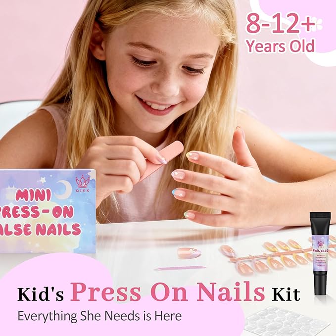 16 Sizes 128 Pieces Press on Nails for Kids, 4 pack Kids Nail Kit Colorful Flower Almond Fake Nail Tips for Girls 8-12 Years Old with Jelly Nail Adhesives & Nail Glue Birthday Easter Gifts
