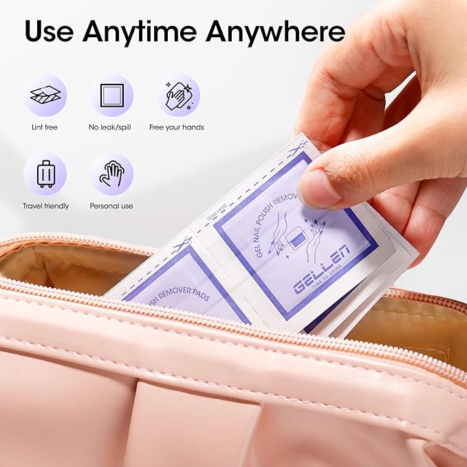 Gellen Nail Polish Remover Pads, 100% Non-Acetone, 200 Pack Bulk Individually Wrapped, 3-5s Removal for Regular Nail Polishes, 10 mins for Gel Nail Polish, Lavender Oil No Drying Out for Home Salon