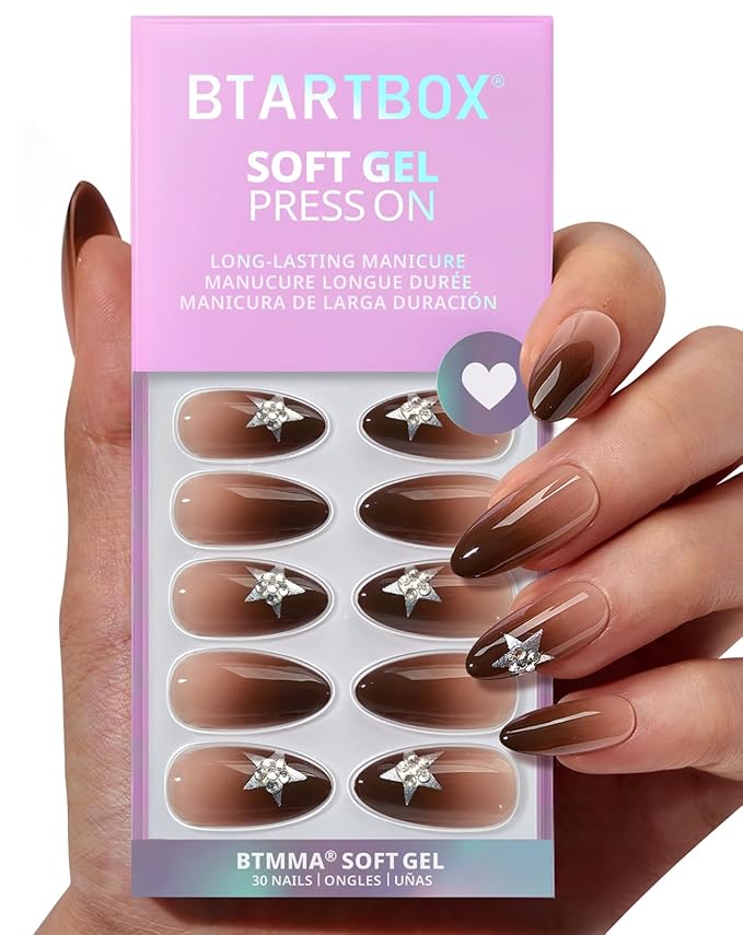 BTArtbox Press On Nails Medium - Starry Spice, Brown Almond Press On Nails with Glue and Adhesive Tabs for Women, Rhinestone Star Soft Gel Glue On Nails in 15 Sizes - 30 Stick On Nails Kit