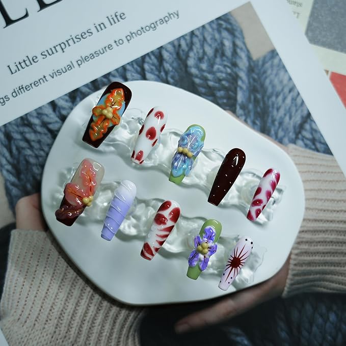 Long Coffin Press On Nails with 3D Floral Design - Summer Multicolor Thick Luxury False Nails Reusable Acrylic Nails (Summer Stories,L)