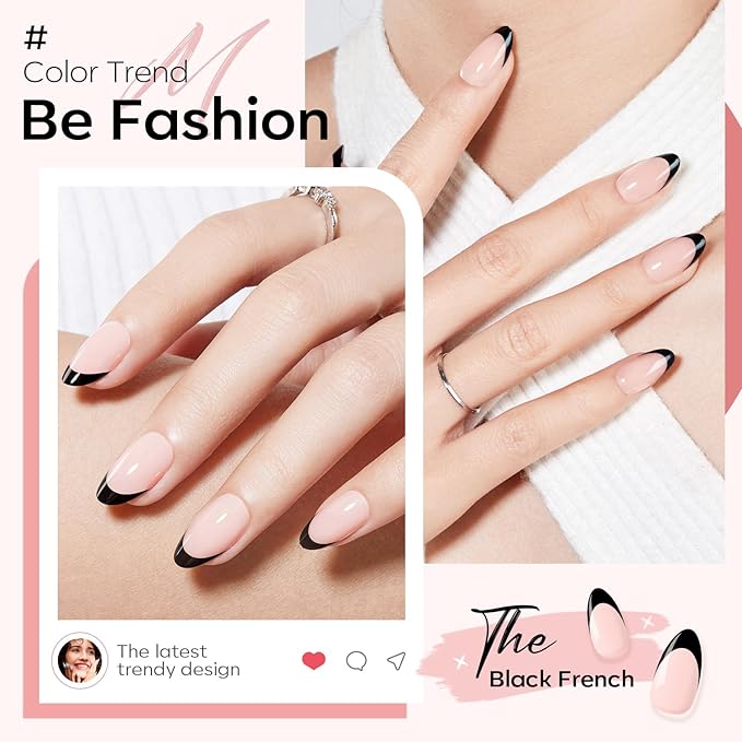 Modelones Black French Tip Press on Nails Almond, Short Almond Fake Nails, Reusable Nail Kit with Nail Glue Adhesive Tabs Mini Nail File, Nails Press Ons 32Pcs16 Sizes