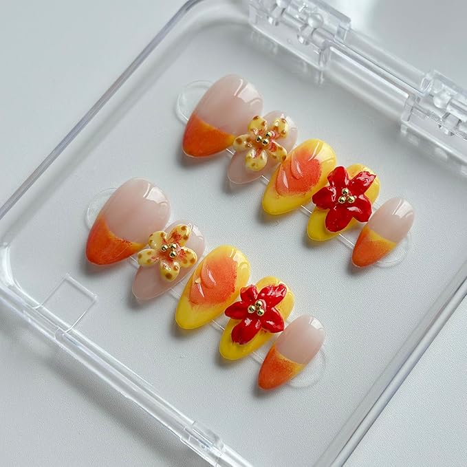 Luxury Press on Nails Short Almond Handmade 3D Unique Reusable ABS Material Fake Nails French Tip False Nails with Designs Flower Yellow&Pink Glossy Glue on Nail Thick Acrylic Nail(S)