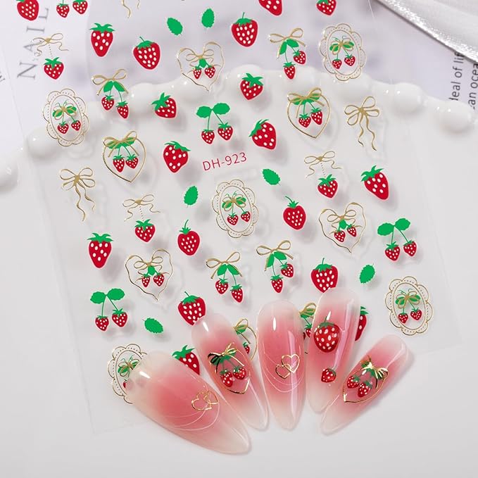 4 Sheets Cherry Strawberry Nail Stickers 5D Embossed Nail Art Stickers Summer Nail Decals with Cute Fruit Bow Designs Sweet DIY Self-Adhesive Nails Art Supplies for Women Girls