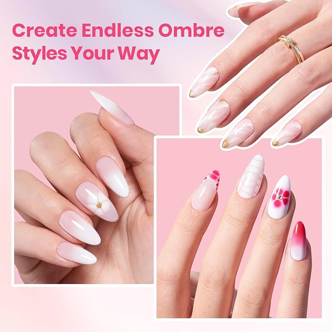 Beetles Blooming Gel, White Gel Nail Polish, Nail Art Brushes Set - Ombre Nails Brush Gradient Clean Up Fingernail Art Pens and Silicone Dotting Tool for Marble Blush Chrome DIY Manicure Designs