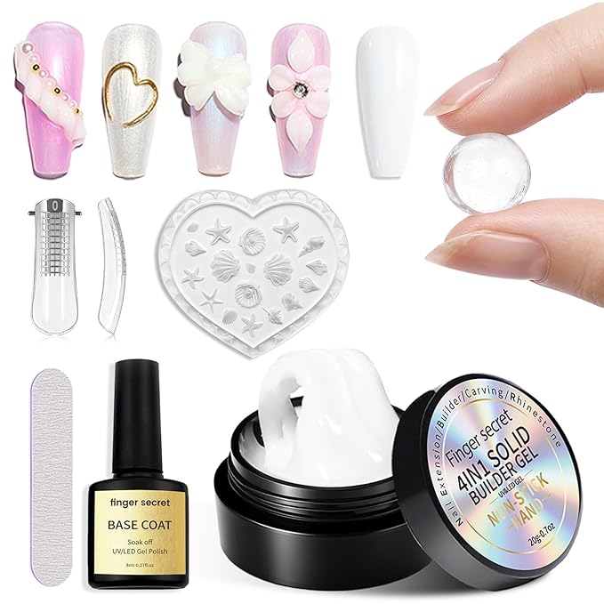 3D Gel Nail Art Kit-Milky White Solid Builder Gel for Nails 3D Sculpting Carving Building Modeling Hard Extension for Beginner DIY Salon at Home Cured Needed