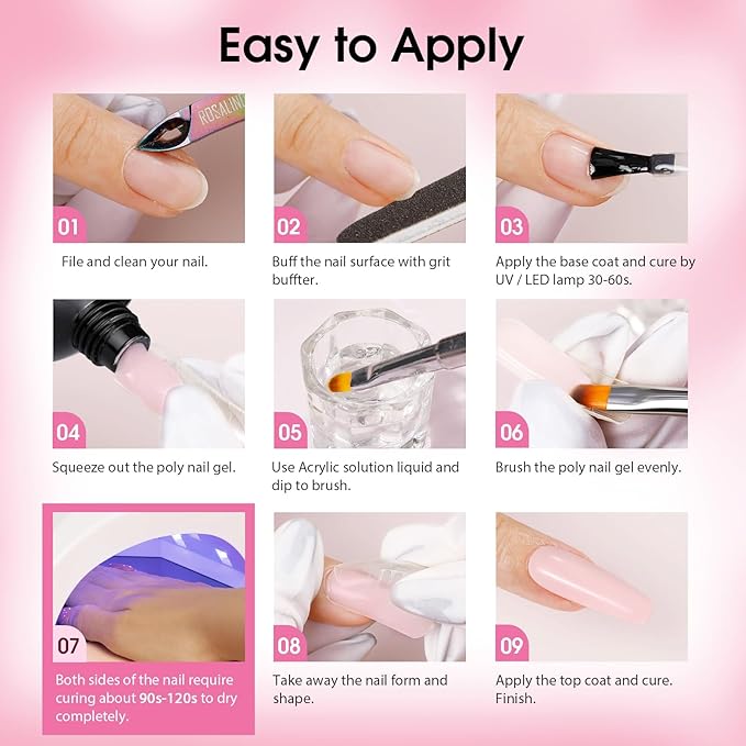 ROSALIND Poly Nail Gel Set, 8 Colors 10g Clear Pretty Poly Extension Gel Nail Set, Nude Pink Poly Nail Gel Set Builder Pink Gel Extension Kit for Nail Art Design Easy DIY Gift for Women