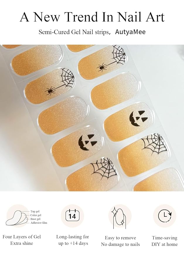 Semi Cured Gel Nail Strips (Orange Spider), Halloween, 20 Pcs Gel Nail Wraps, Stickers, Salon Quality, Long Lasting, Works with Any UV Lamps