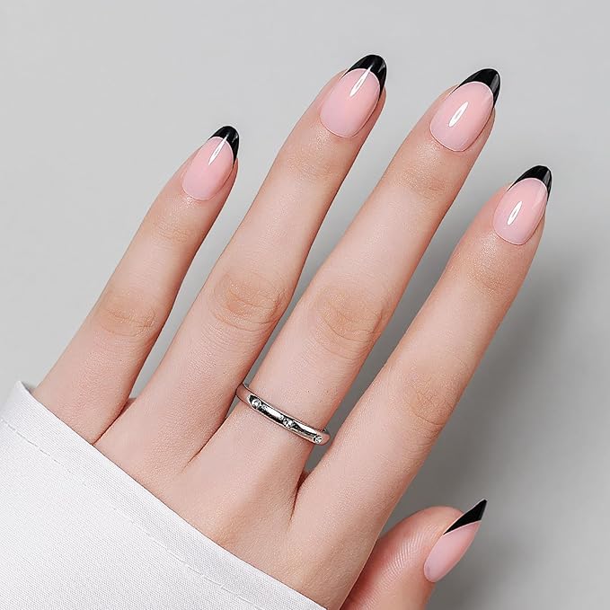 Luxbon Short Almond Press On Nails with No-Cure Nail Glue and Tool Kit – French Manicure Glue On Nails 25-30pcs Full Size Set, Reusable Fake Nails for Women, Salon Look at Home, Black