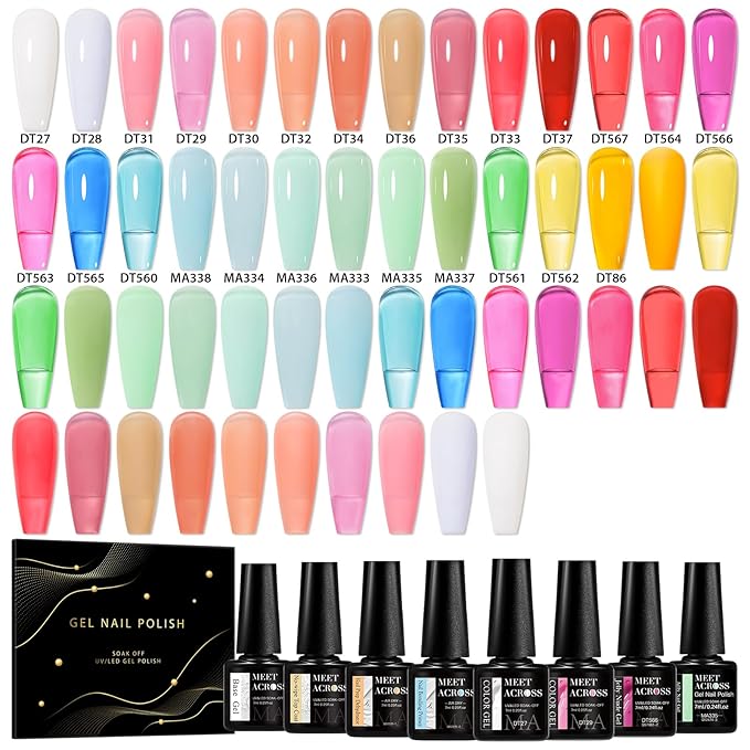 MEET ACROSS 30Pcs Jelly Gel Nail Polish Set Pastel Gel Polish Kit Pink Orange Green Semi-transparent Nail Polish Sheer Effect French Nail Art Gift for Women 26 Colors