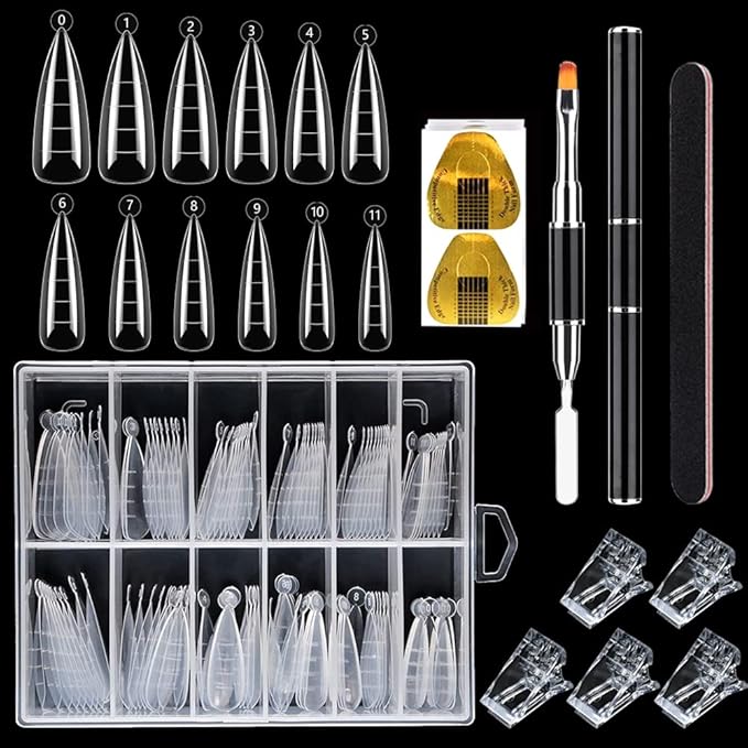 LIONVISON Poly Gel Nail Forms: 120Pcs Stiletto Shape Extension Gel Nail Molds Clear Acrylic Nail Tips - 100Pcs Nail Forms Stickers for Polygel with Dual-Ended Nail Brush and Nail File