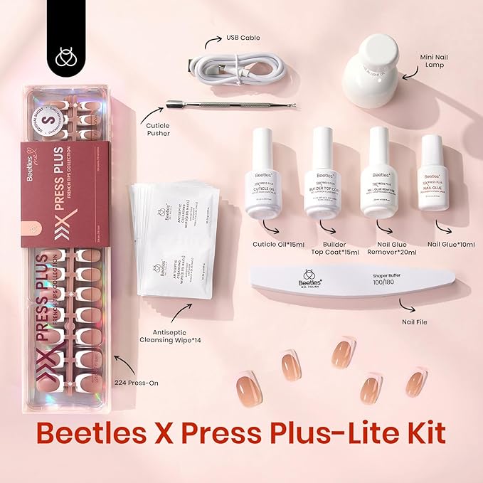 Beetles X Press Gel Nail Kit: Short Square French Tip Press On Nails Kit With 224Pcs Nail Tips Nail Glue & Builder Top Coat Mini UV Light, All-in-One DIY Designs Gift For Women At Home