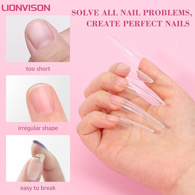 504PCS 3XL Stiletto Nail Tips, Extra Long Clear Acrylic Nails Professional, 12 Sizes Tapered Acrylic Press On Gel Nail Tips for Nail Salons Home DIY