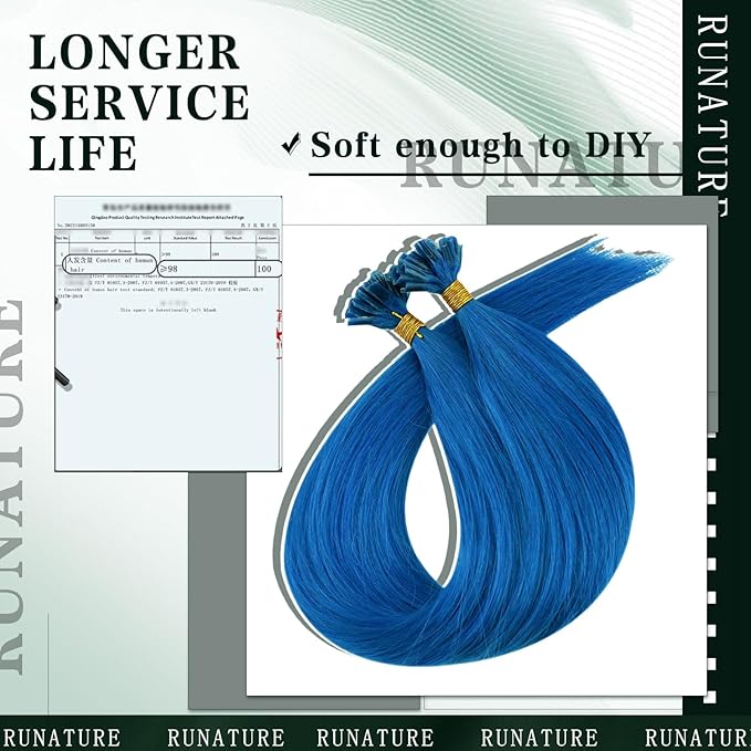 RUNATURE U Tip Hair Extensions Human Hair Blue Hair Extensions Real Human Hair 16 Inch U Tip Hot Fusion Hair Extension Straight Keratin Tip Blue Extension Hair for Party Remy Soft Hair 25g 25s
