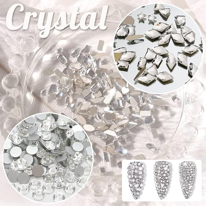 2052 Crystal White Nail Art Rhinestones Silver Clear Nail Charms 72 Multi Shapes Flatback Stones Big Gems +1980 Round Beads K9 Glass Diamonds Crystals Jewels for Nails Face Eyes Makeup Crafts