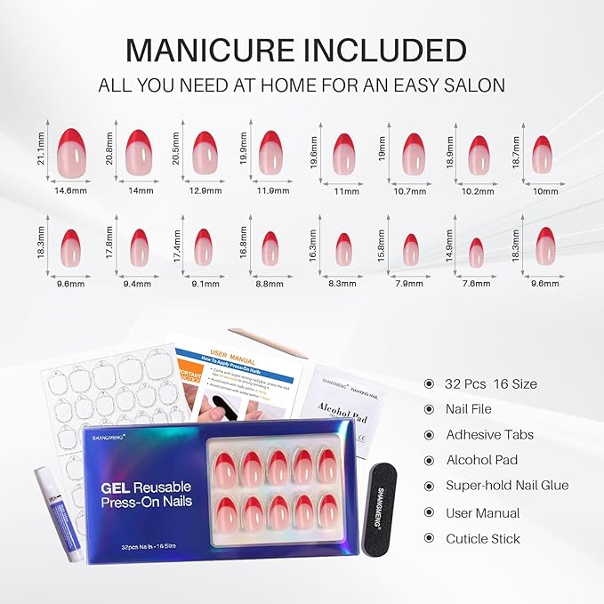 Red French Tip Press on Nails Short - SHANGMENG Soft Gel Valentines Almond Nails for Women Gift, Fit Perfectly & Natural Glue on Nails with Glue in 16 Sizes - 32 Reusable Fake Nails, Red French