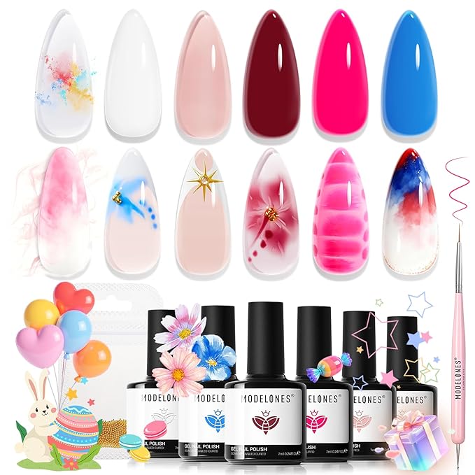 Modelones Gel Nail Polish Set -6 Colors 2026 Easter Hot Pink Blue Milky White Clear Blooming Gel Polish Burgundy Nude French Jelly Nail Gel Polish DIY Gift with Golden Beads & Nail Dotting-Liner Brush