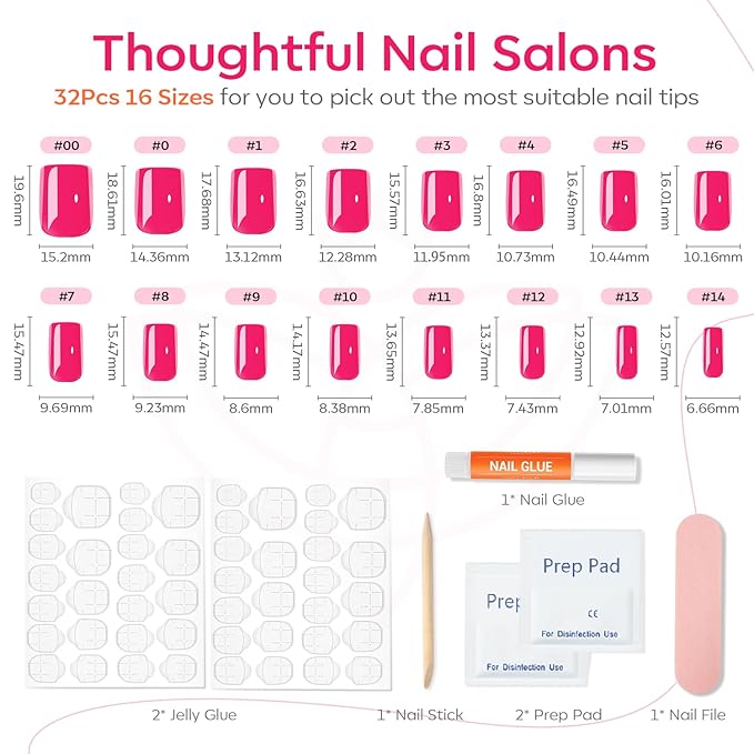 Modelones Press on Nails Short, Square Spring Fake Nails, Reusable Nail Kit with Nail Glue Adhesive Tabs Mini Nail File, Nails Press Ons 32Pcs 16Sizes, Women Girl Gift, Chrome Pink