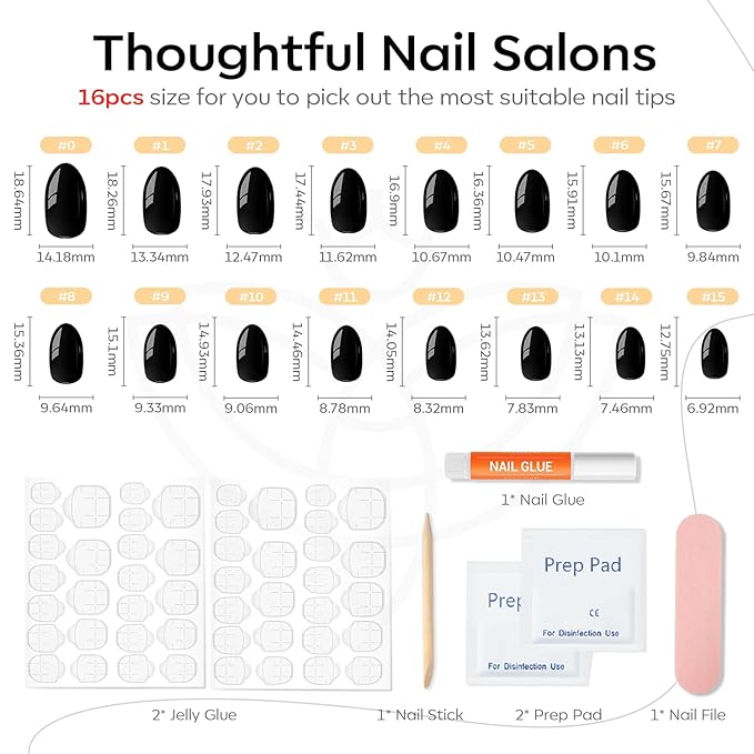 modelones Black Short Press on Nails, Oval Fake Nails Kit Press Ons with Nail Glue, Adhesive Tabs, Nail File, Prep Pad, Manicure Stick, 32Pcs 16 Sizes, Women Girl Gift