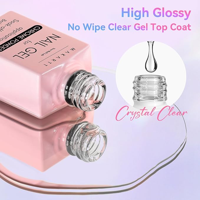 Makartt No Wipe Gel Top Coat for Chrome Nail Powder - Clear High Gloss Mirror Shine Top Coat Gel Nail Polish, Long Lasting Soak-Off LED UV Lamp, DIY Home Salon Art Design Gifts, 8ml Pink Bottle