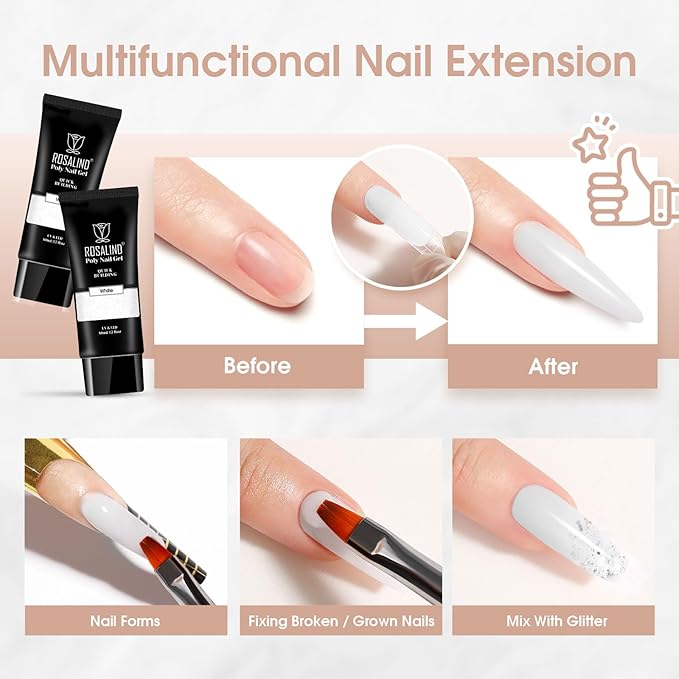 ROSALIND White Poly Extension Gel, 2.7 oz White Poly Nail Gel for Nail Art Decoration, Builder Whites Gel Nail Thickening Extension Easy to DIY Use Need UV Lamp