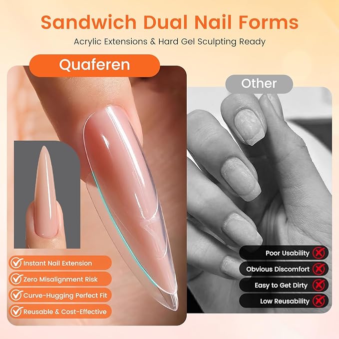Sandwich Dual Nail Forms: 240PCS Nail Forms for Builder Gel, 15 Sizes Long Stiletto Shape for Women Salon Home DIY